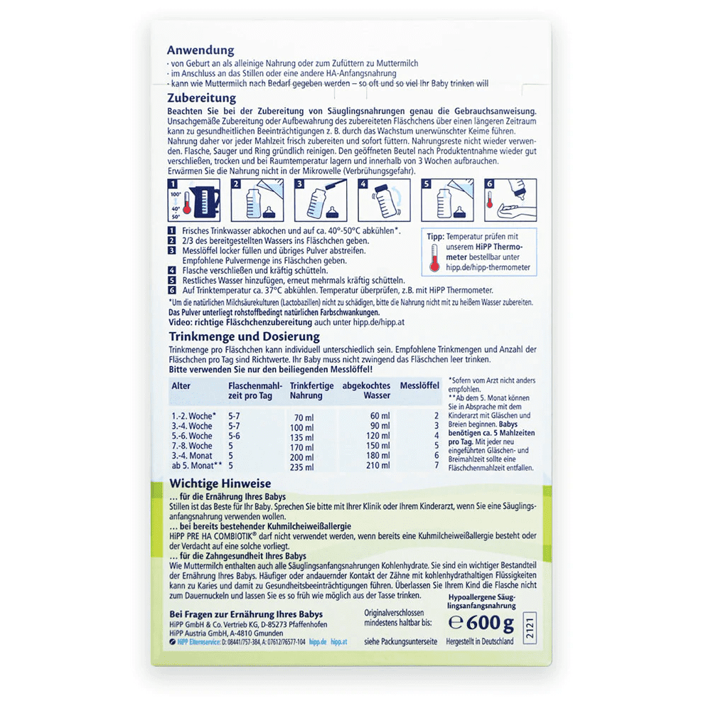 HiPP HA Germany Hypoallergenic Stage PRE Combiotic Infant Milk Formula 0-6 months • 600g EmmBaby