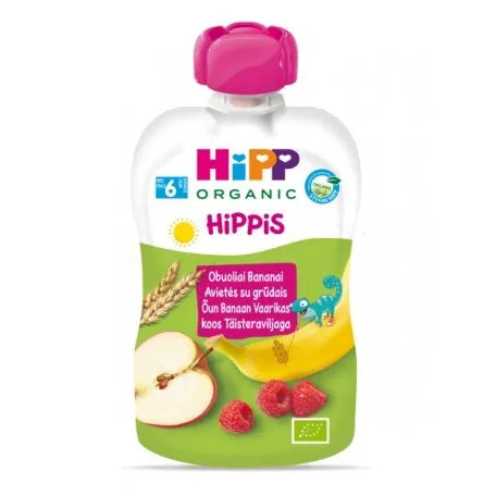 HiPP Hippis Apple Banana Raspberry With Wholemeal Cereal Puree 100G - 6 Pouches EmmBaby