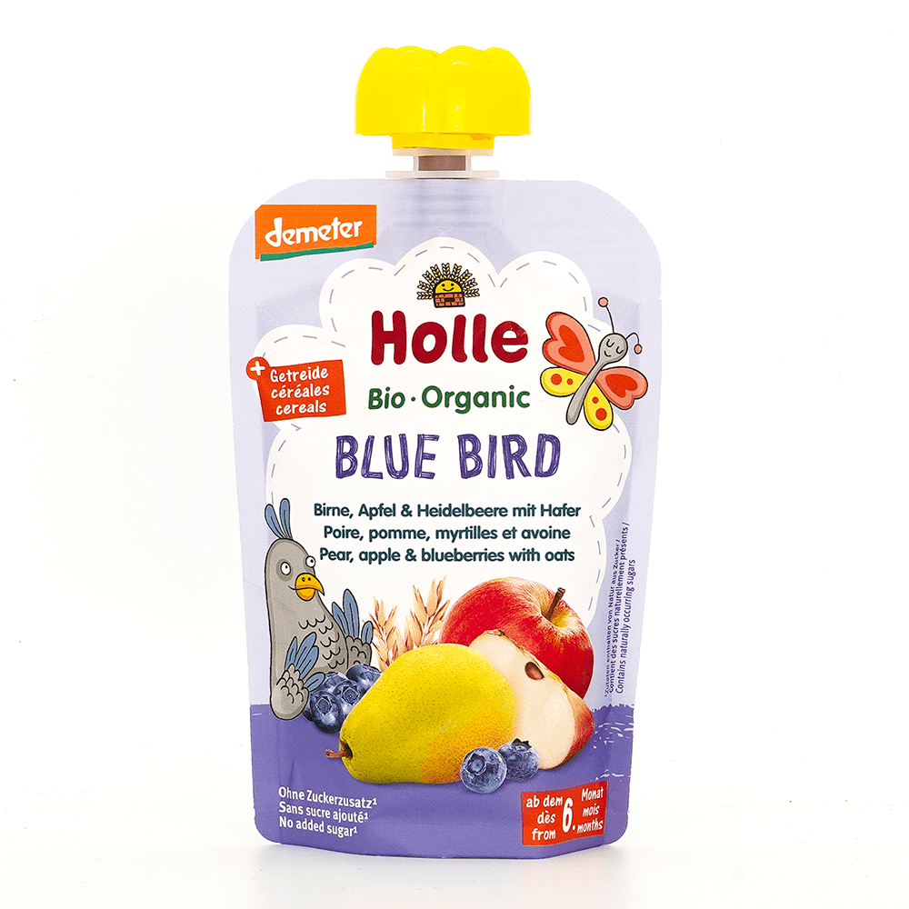 Holle Blue Bird: Pear, Apple & Blueberries with Oats (6+ Months) - 6 Pouches EmmBaby