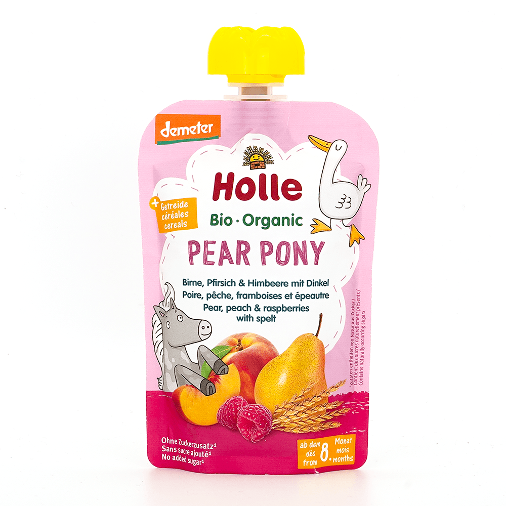 Holle Pear Pony: Pear, Peach, Raspberries & Spelt (8+ Months) - 6 Pouches EmmBaby