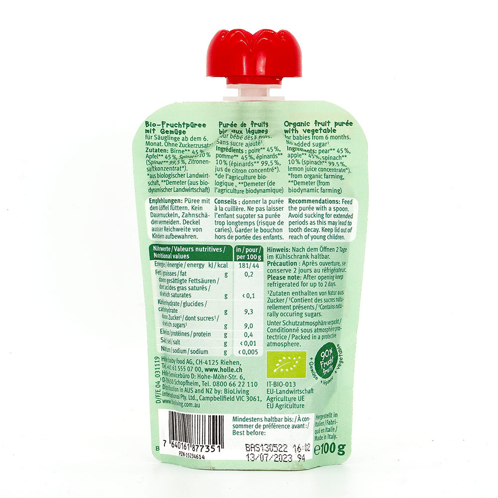 Holle Power Parrot: Pear, Apple & Spinach (6+ Months) - 6 Pouches EmmBaby
