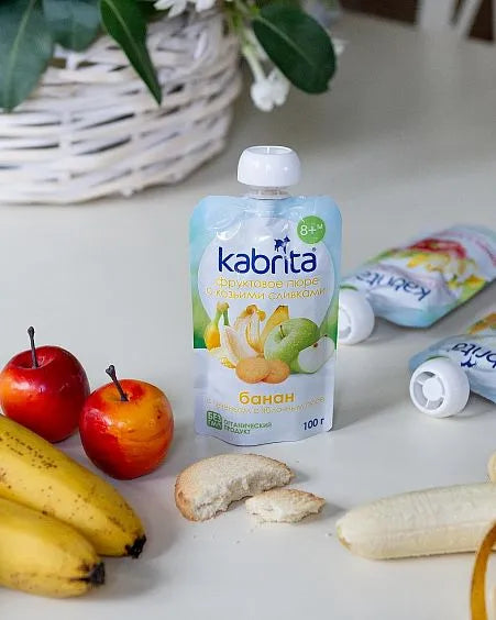 Kabrita Banana, Biscuits And Apple Puree With Sweet Goat Milk Cream 100 G - 6 Pouches - EmmBaby