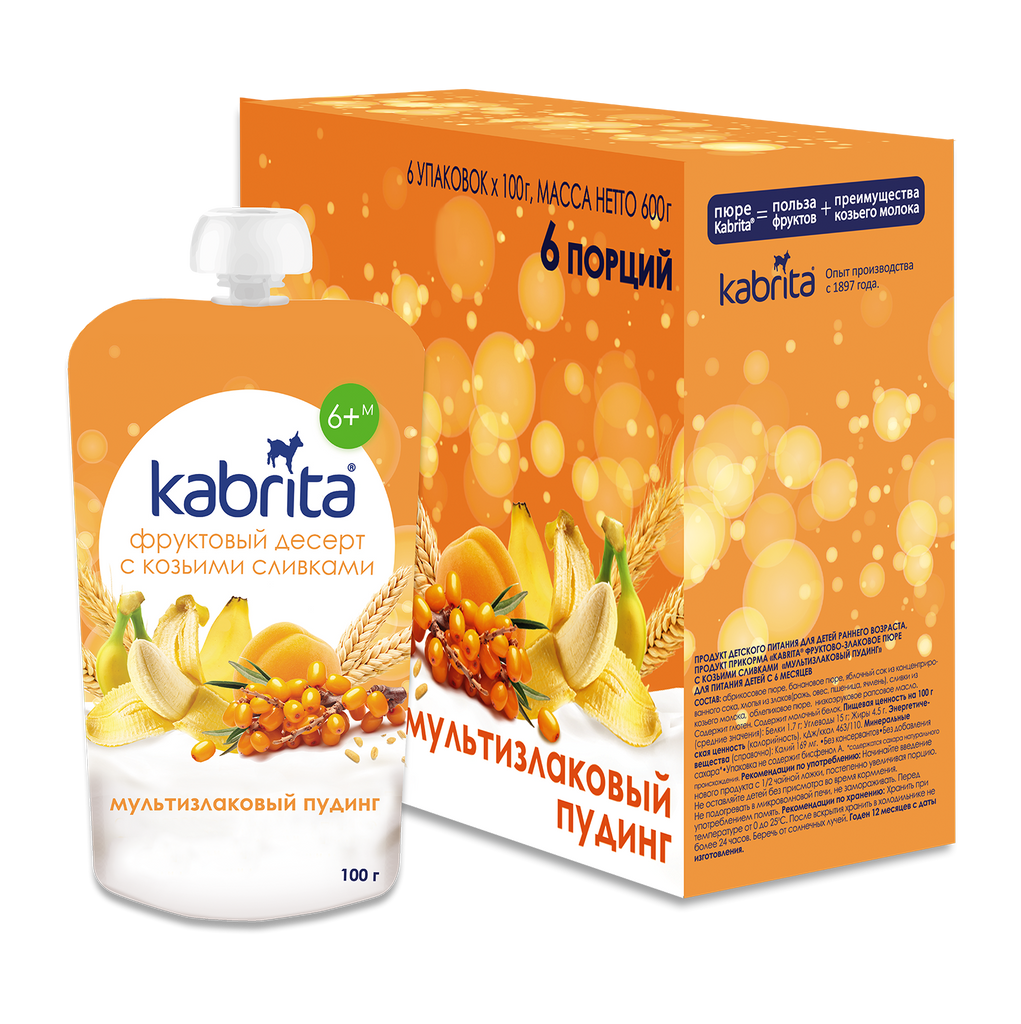 Kabrita Multi-Grain Pudding With Sea Buckthorn, Fruit And Goat Cream 100 G - 6 Pouches - EmmBaby